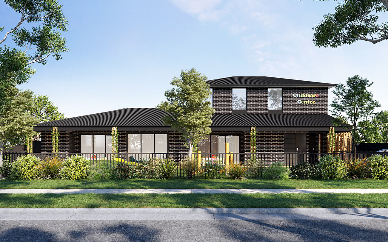 3D Rendering of a childcare center backyard featuring playground equipment, green spaces, and outdoor seating