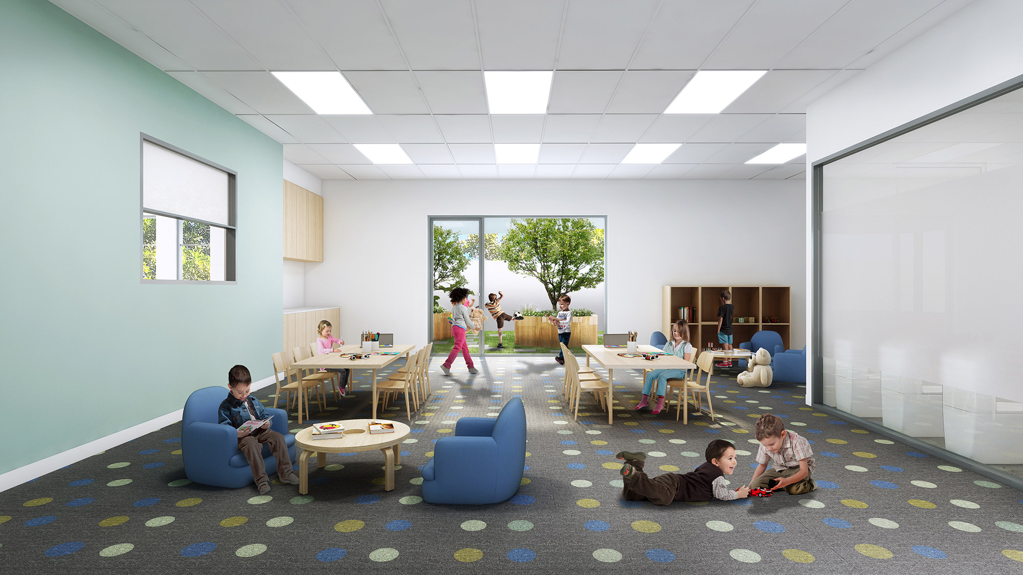 3D Render of a creative learning space inside a childcare center, featuring colorful walls and interactive stations