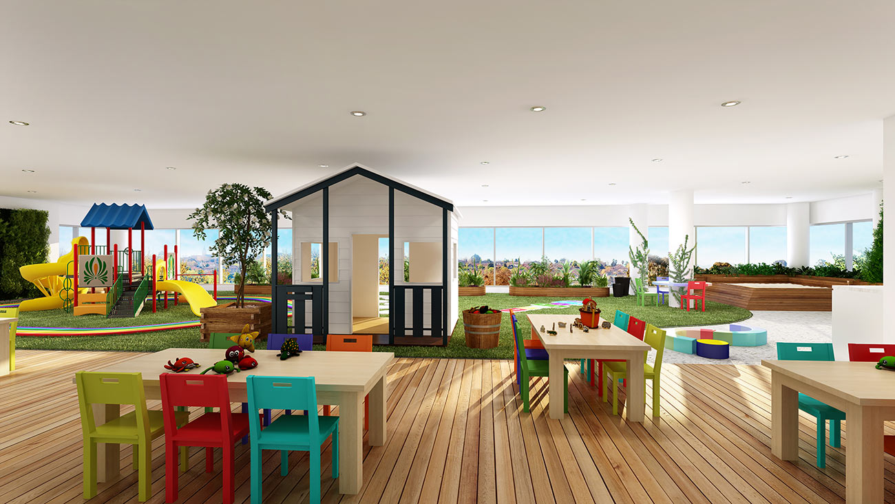 3D Rendering of an educational space within a childcare center, designed with interactive learning zones.