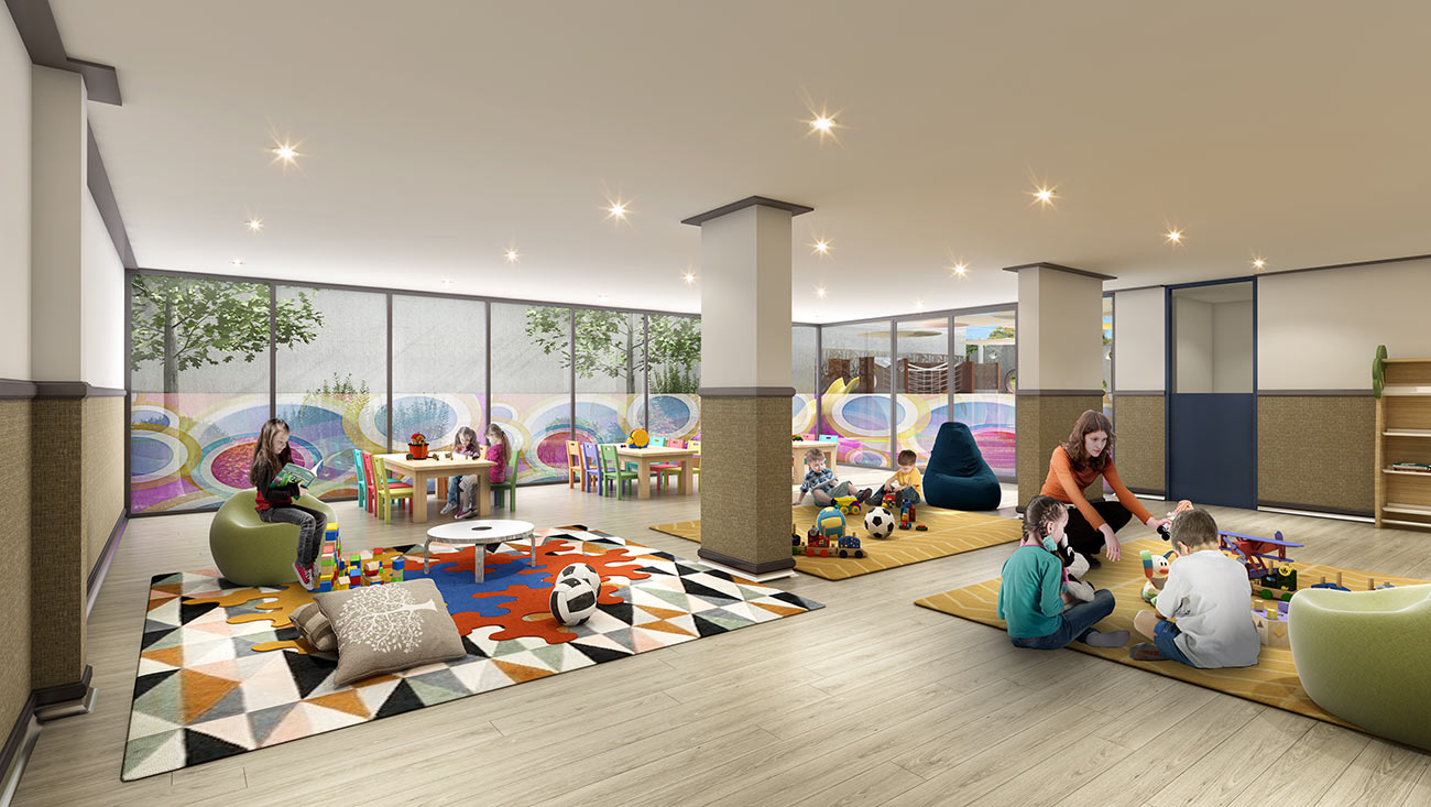 3D Rendering of a childcare center's exterior, showcasing a bright and playful atmosphere