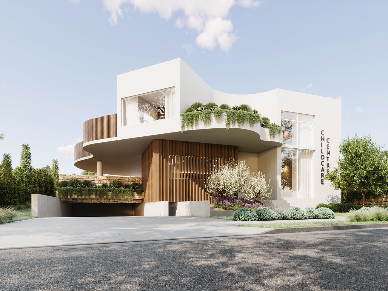 3D Rendering of a childcare center front view with a welcoming entrance and colorful outdoor play areas