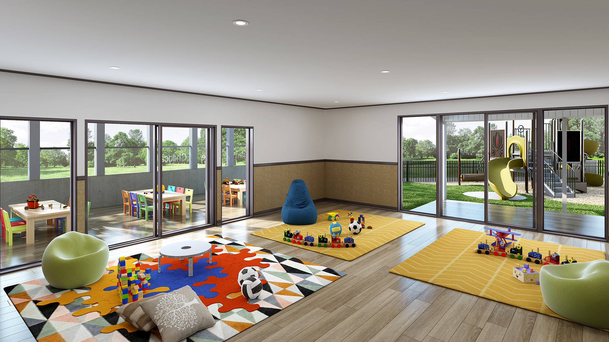 3D Rendering of a childcare center interior, featuring colorful play areas and an open layout for children