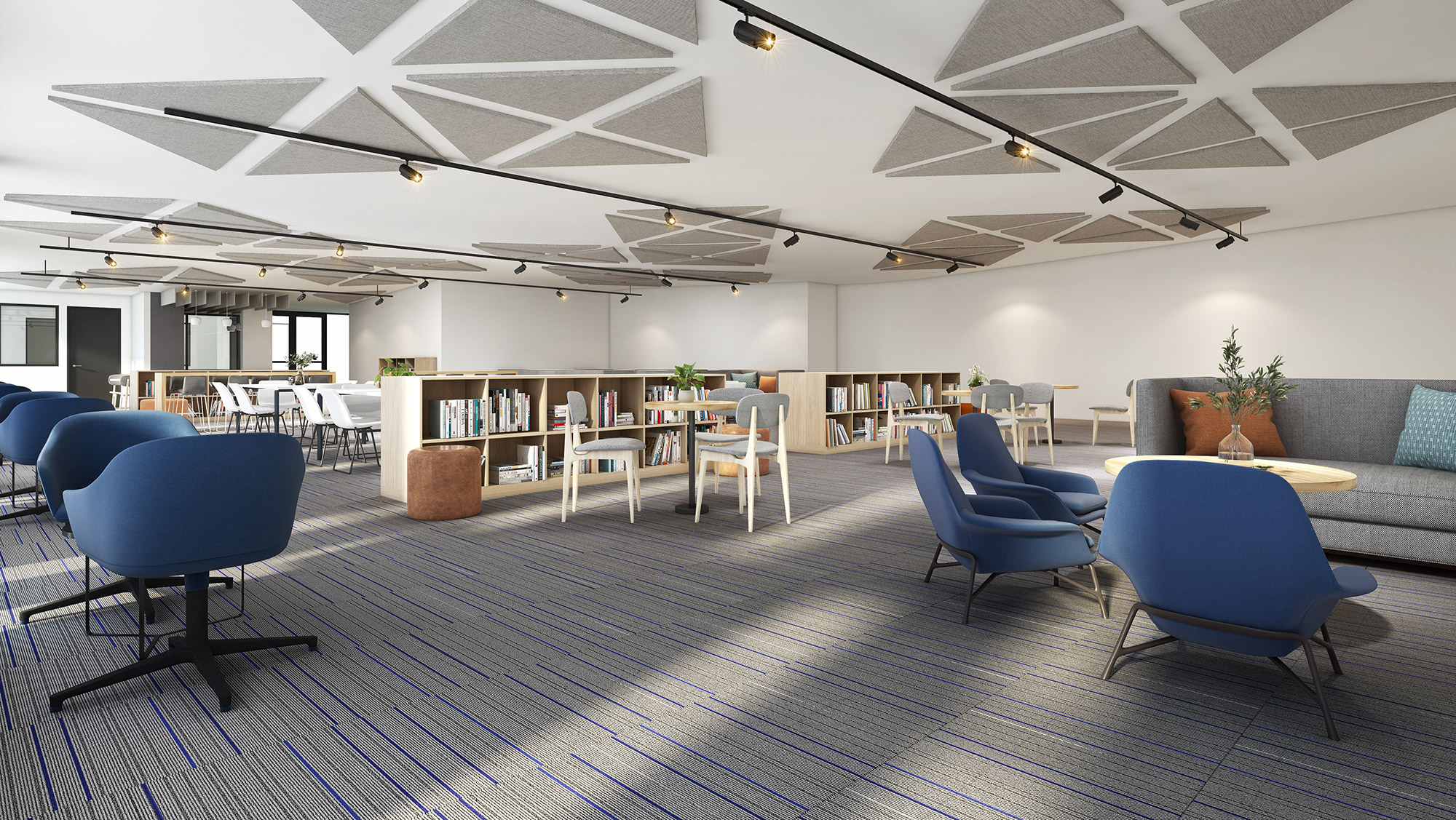 3D Render of a childcare center library space with cozy reading nooks and bright shelving for books