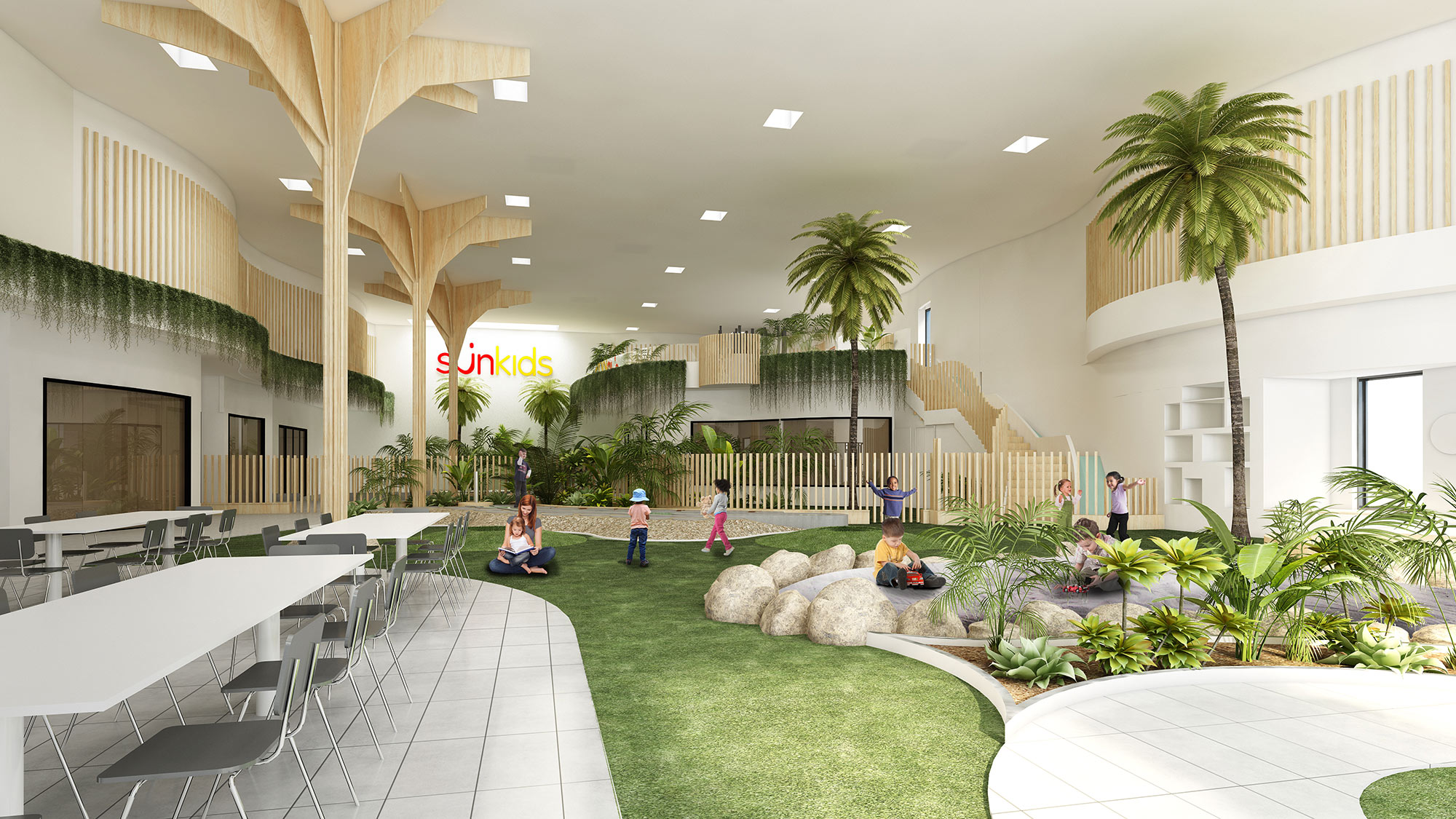 3D Render of a modern childcare center playroom with engaging toys, comfortable seating, and natural light