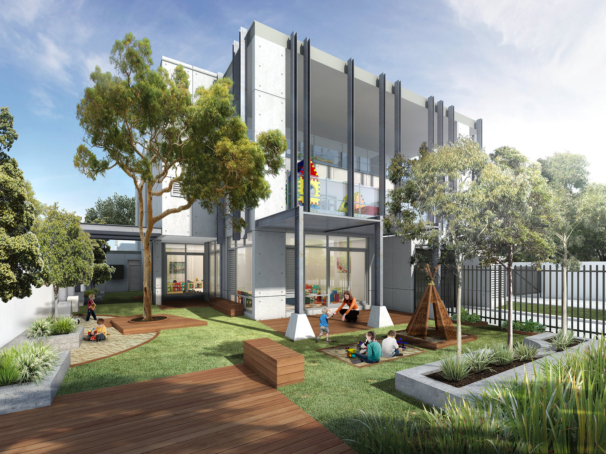3D Rendering of a childcare center with bright interiors and interactive outdoor spaces
