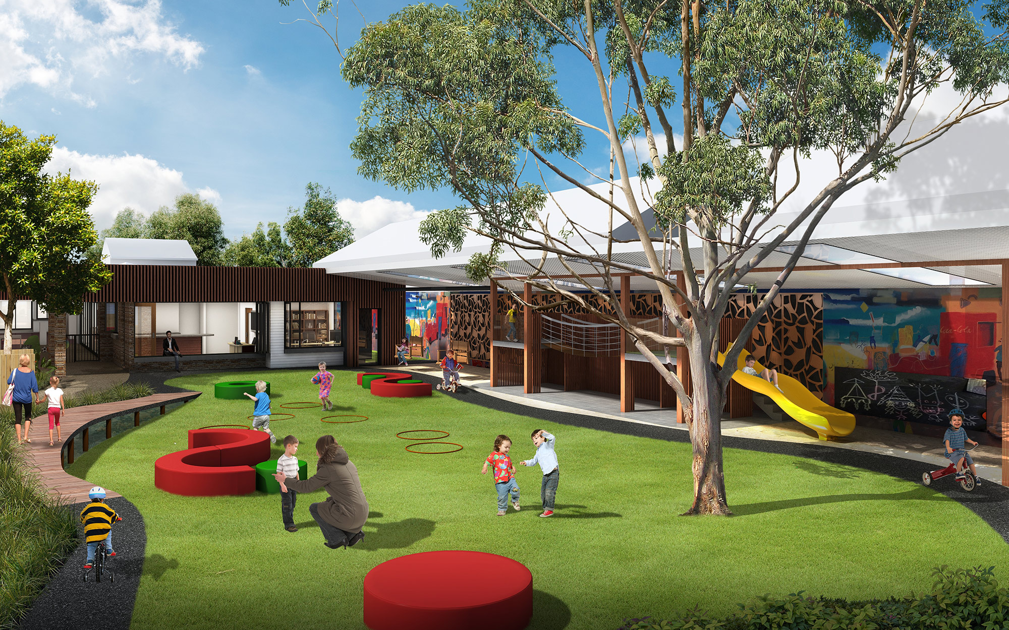 3D Render of a childcare center's outdoor play area, featuring slides, swings, and safe play zones
