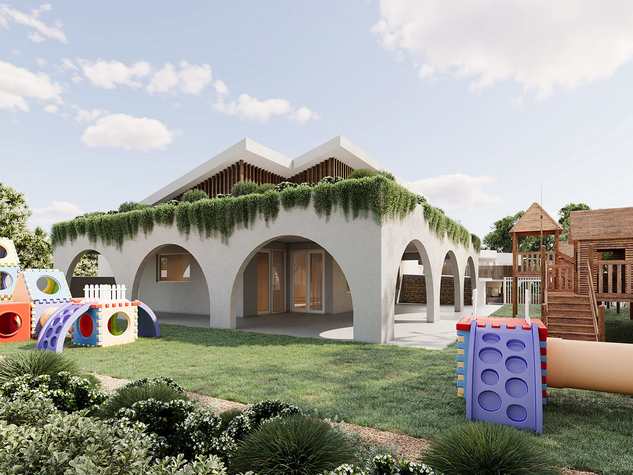 3D Render of the rear view of a childcare center with secure play zones and an outdoor garden