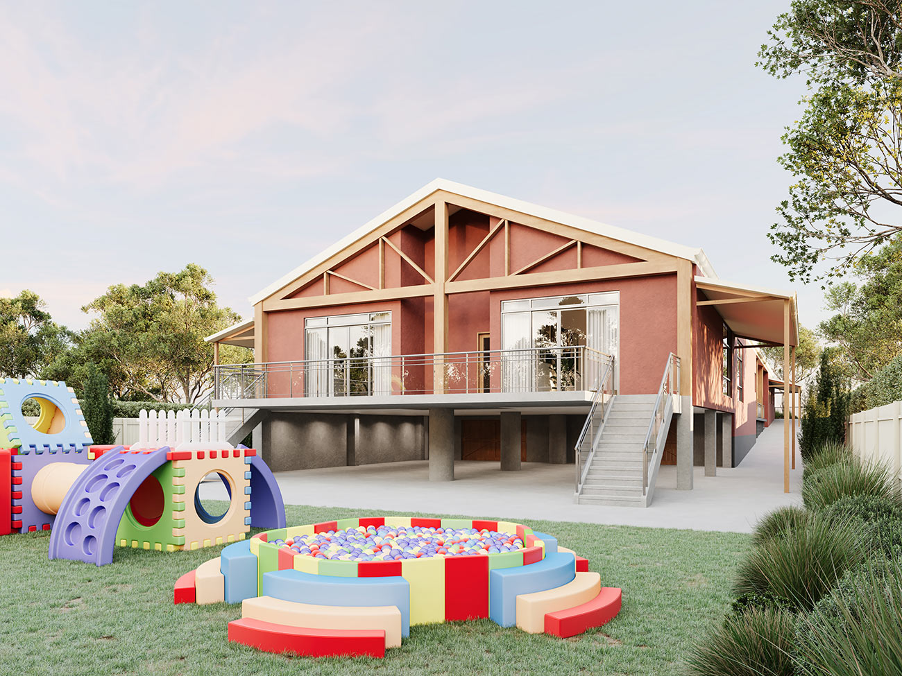 3D Render of a childcare center structure with modern architecture and outdoor play equipment