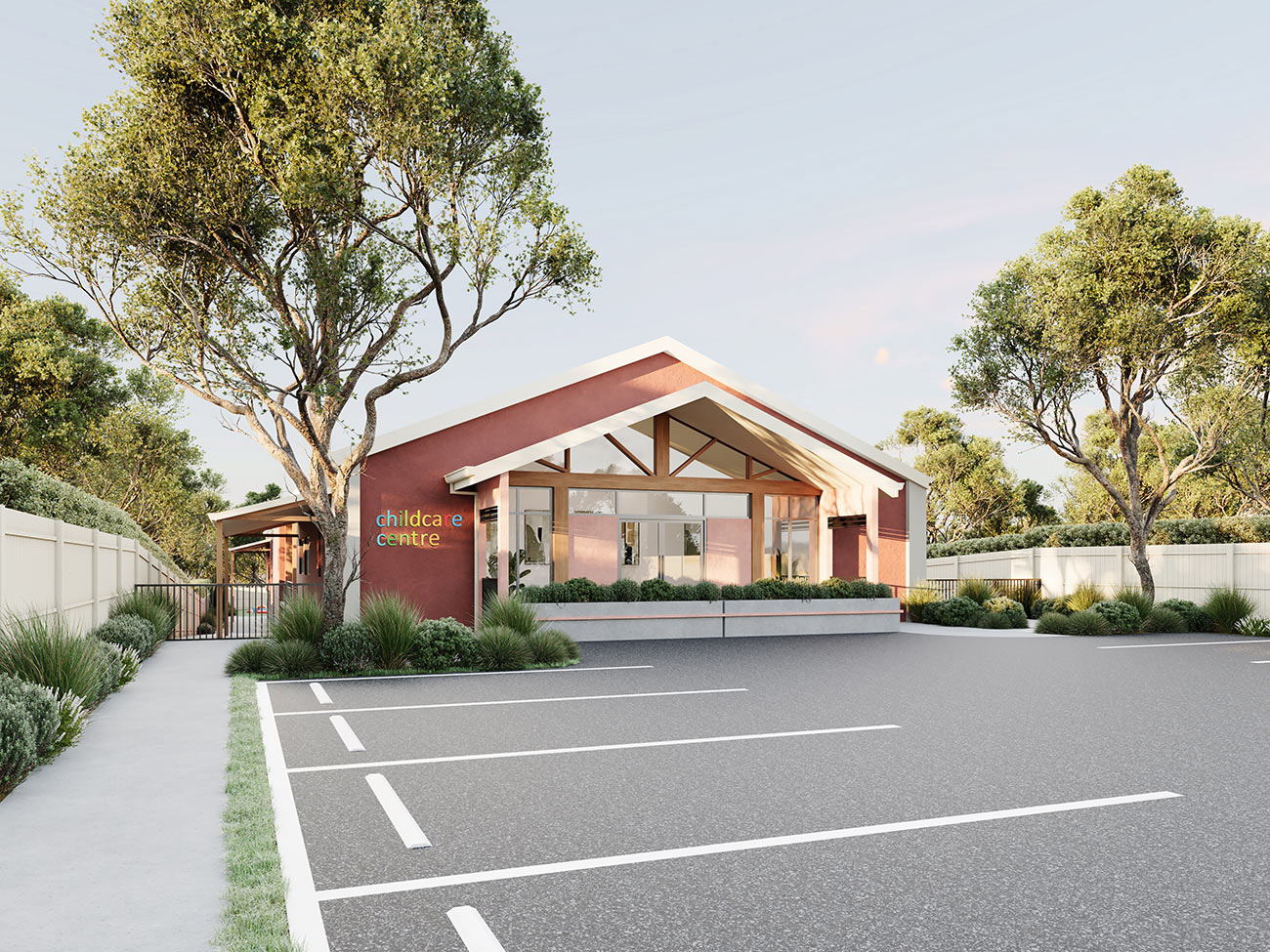 3D Rendering of a childcare facility exterior with a child-friendly design and landscaped surroundings
