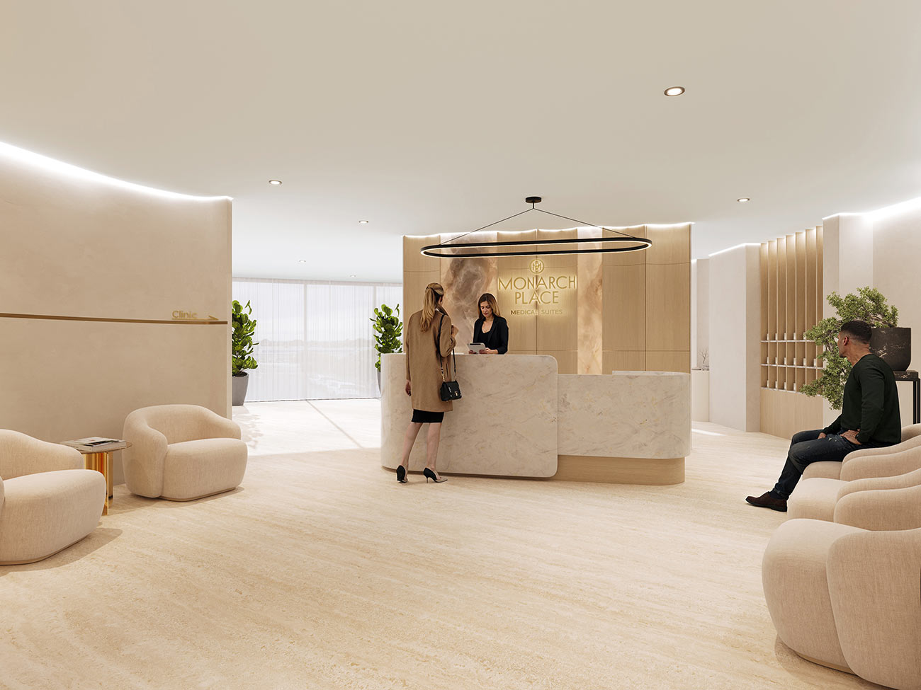 Clinic reception and waiting lounge with soft furnishings, neutral tones and contemporary design
