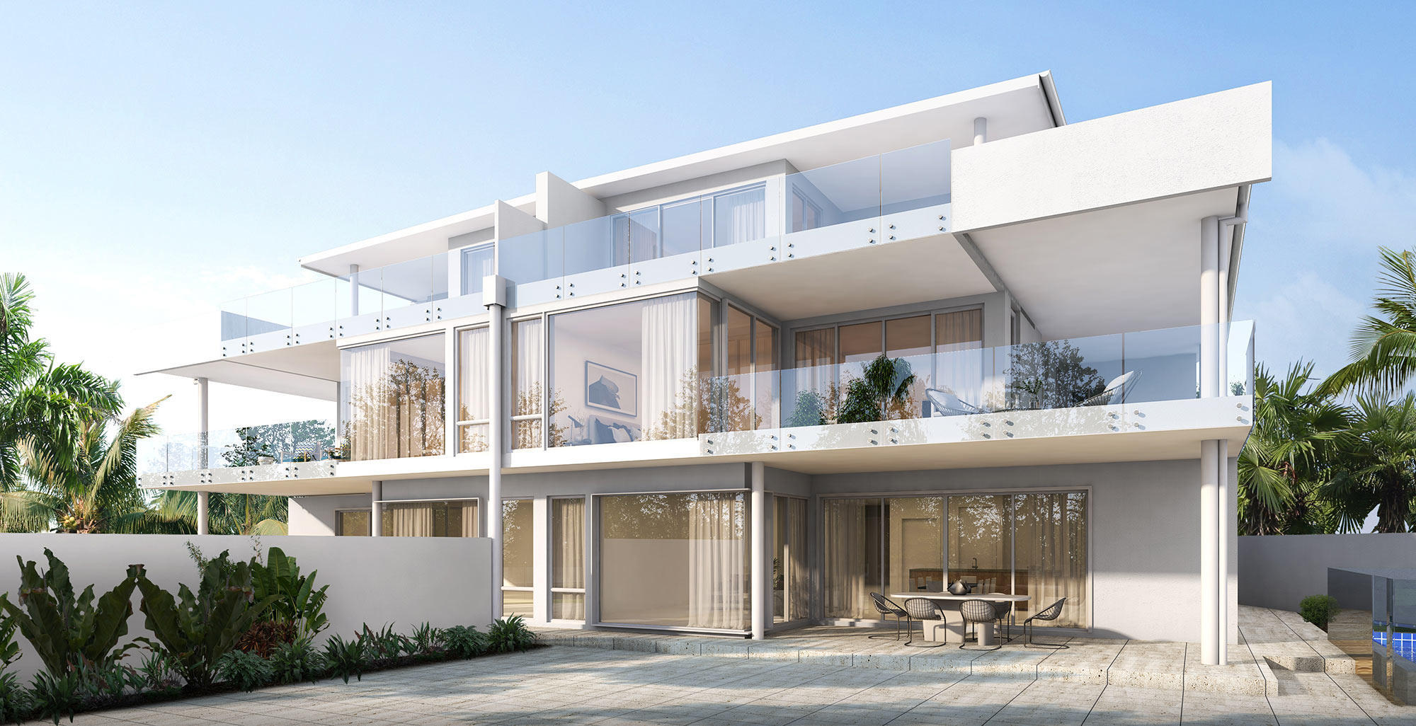 3D render of a coastal modern home with glass balconies and a clean white exterior