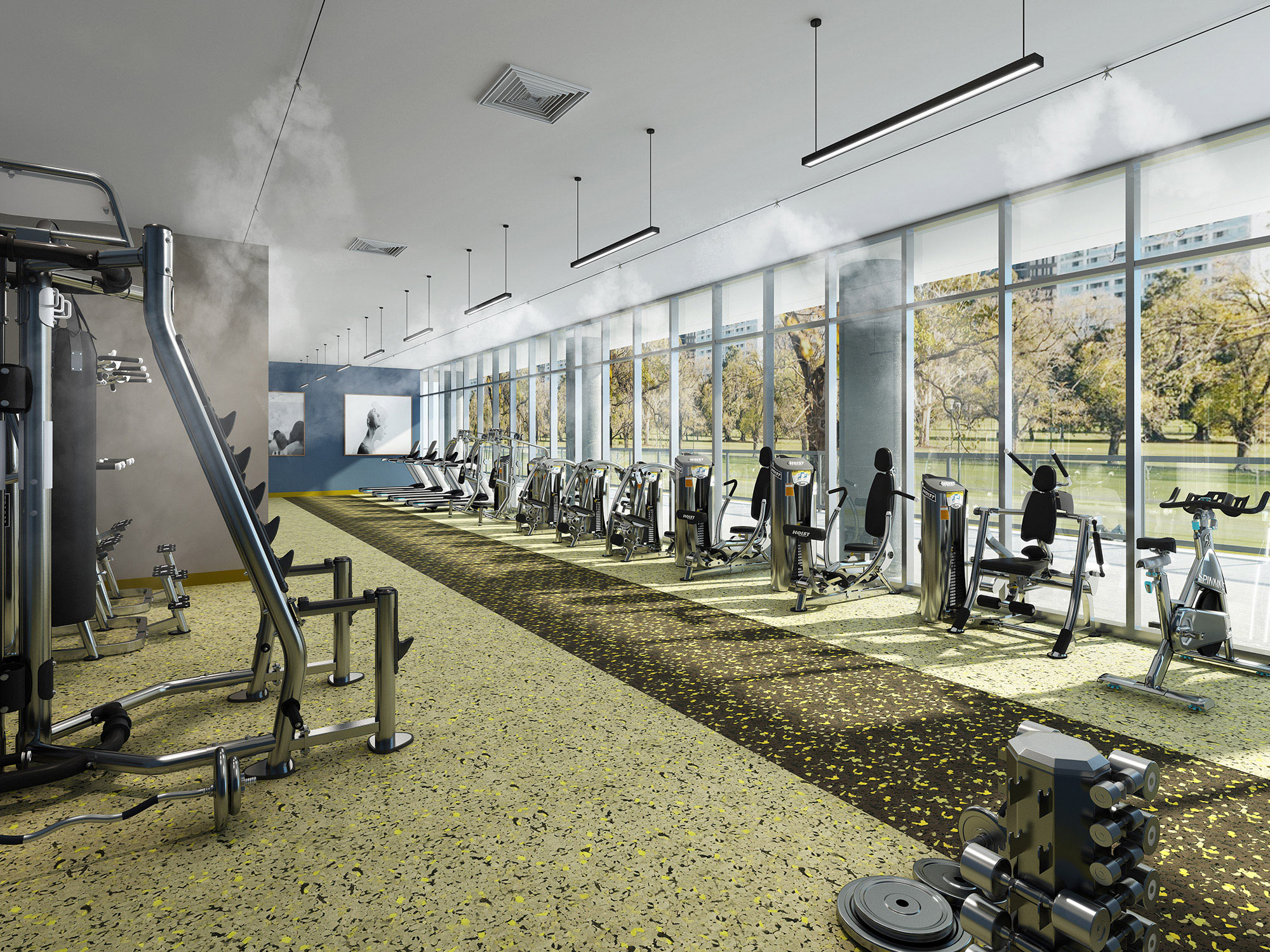 Commercial gym with cardio equipment and floor-to-ceiling windows overlooking park, fitness center 3D rendering