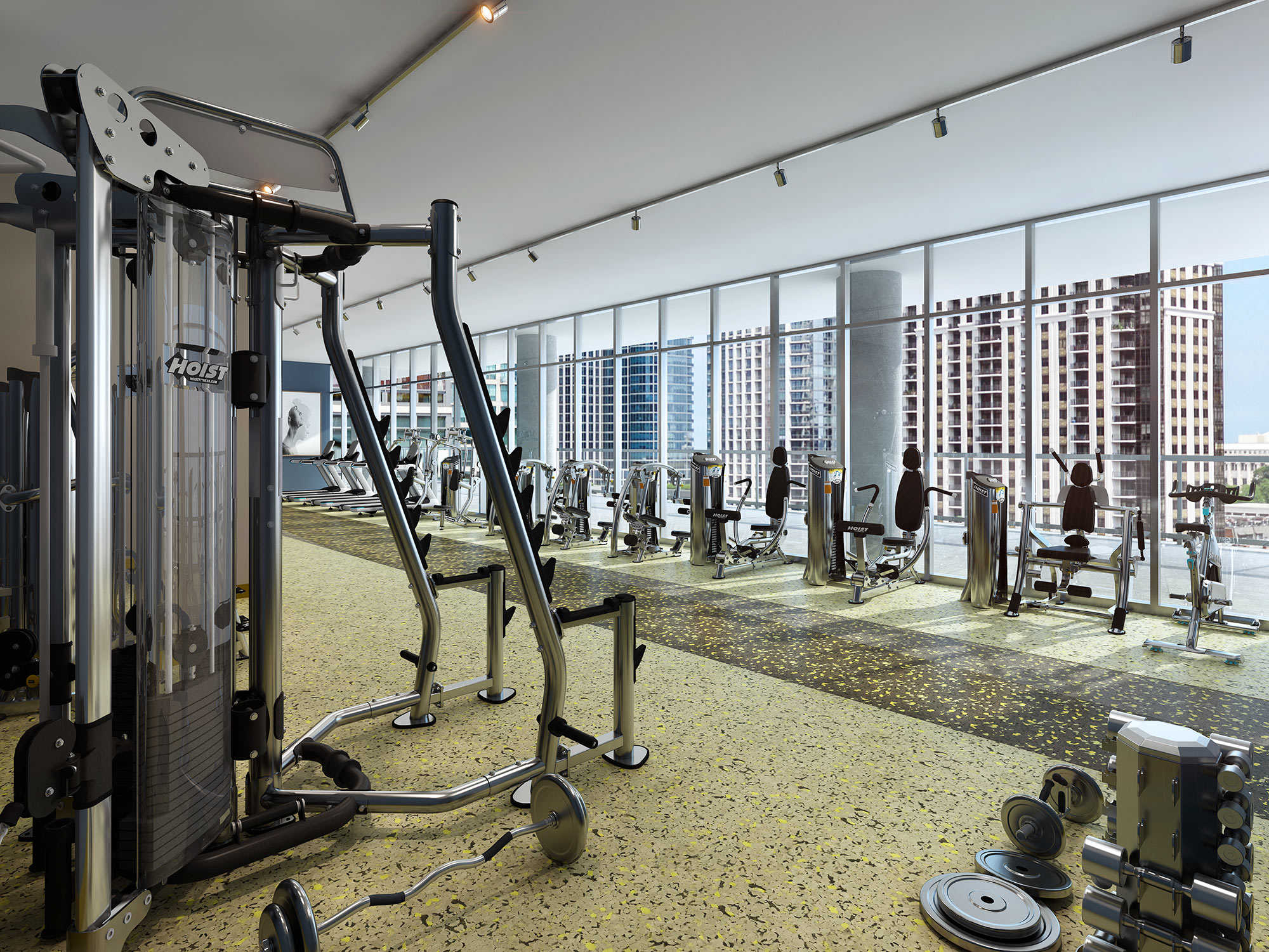 3D Rendering of a commercial gym interior with cardio machines, strength equipment, and open training areas