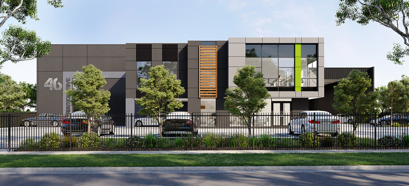 3D rendering of a commercial industrial facility with warehouse exterior, business park layout, and vehicle access