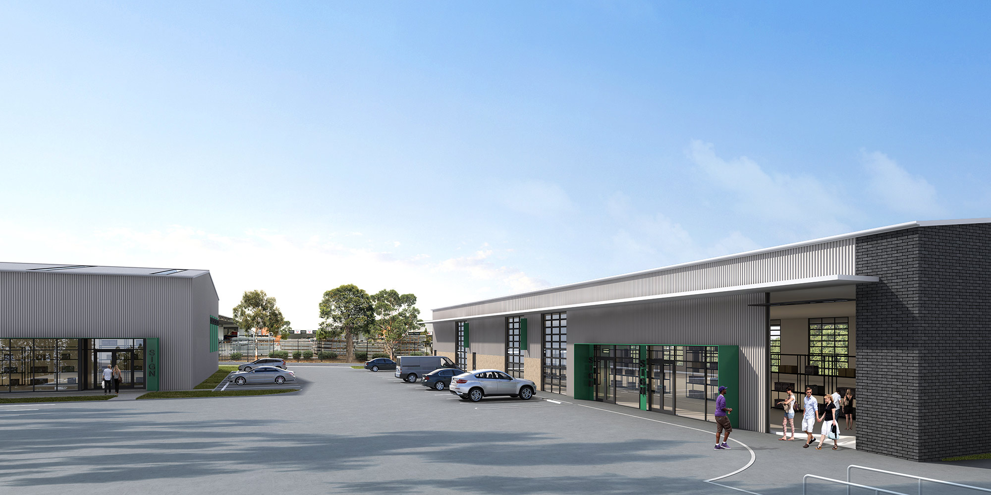 3D rendering of a commercial industrial precinct with warehouse units, retail spaces, and parking areas