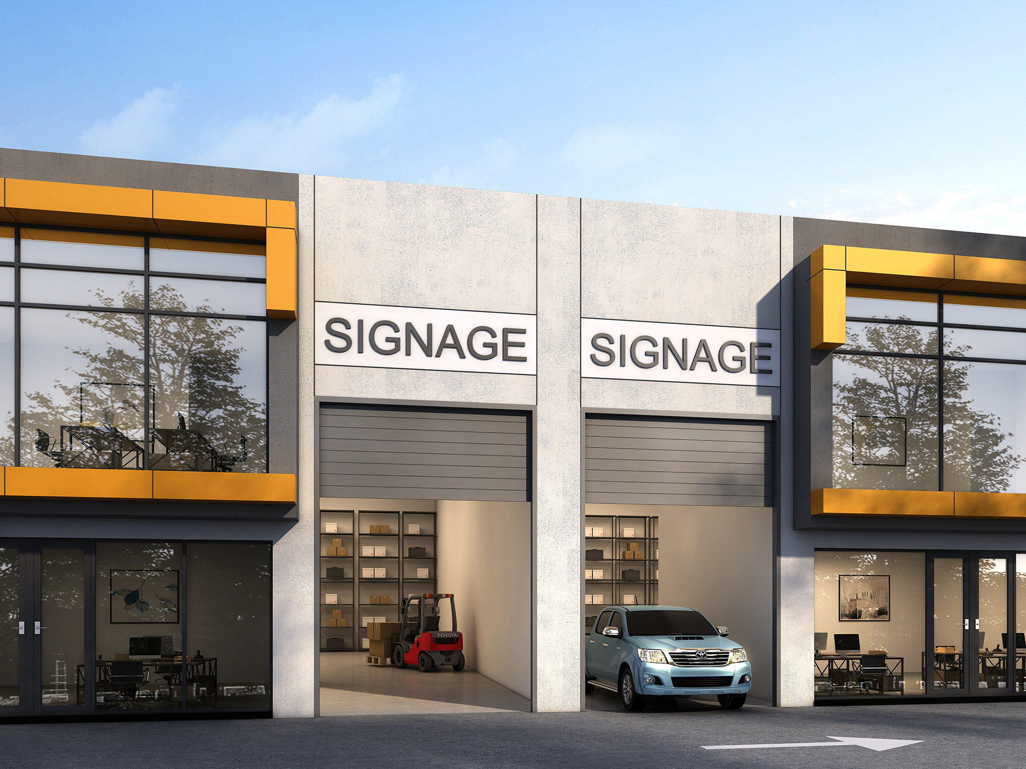 3D render of commercial warehouse units with retail frontage, signage, and industrial architecture design