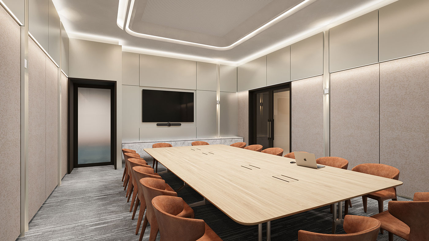 Conference room with large timber table, ceiling feature lighting and built-in presentation screen