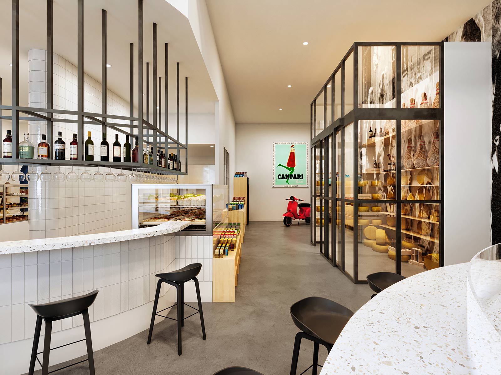Modern café interior with bar seating, shelving displays and clean minimalist material palette