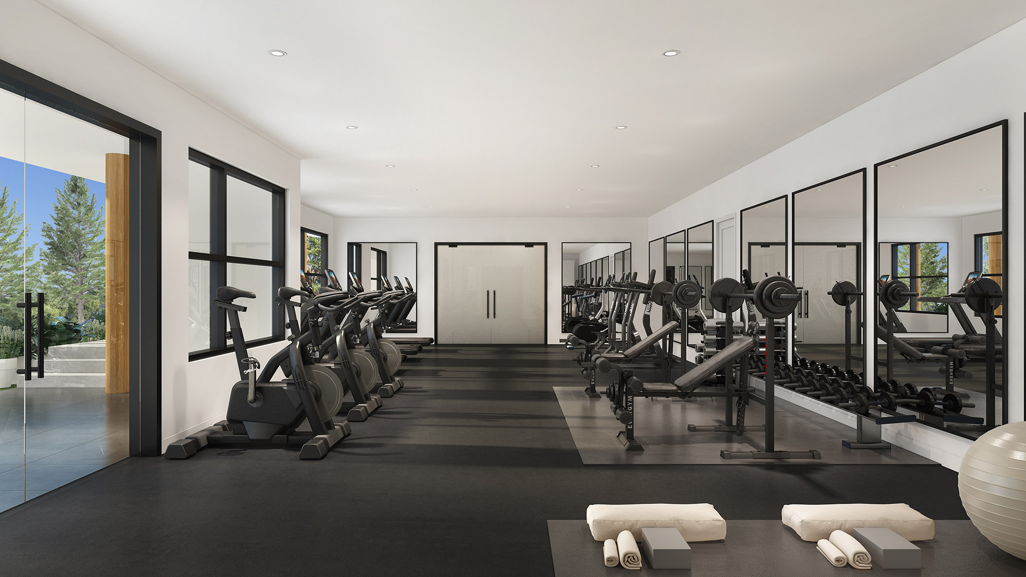 3D Rendering of a contemporary gym interior featuring cardio machines, free weights, and sleek architectural design