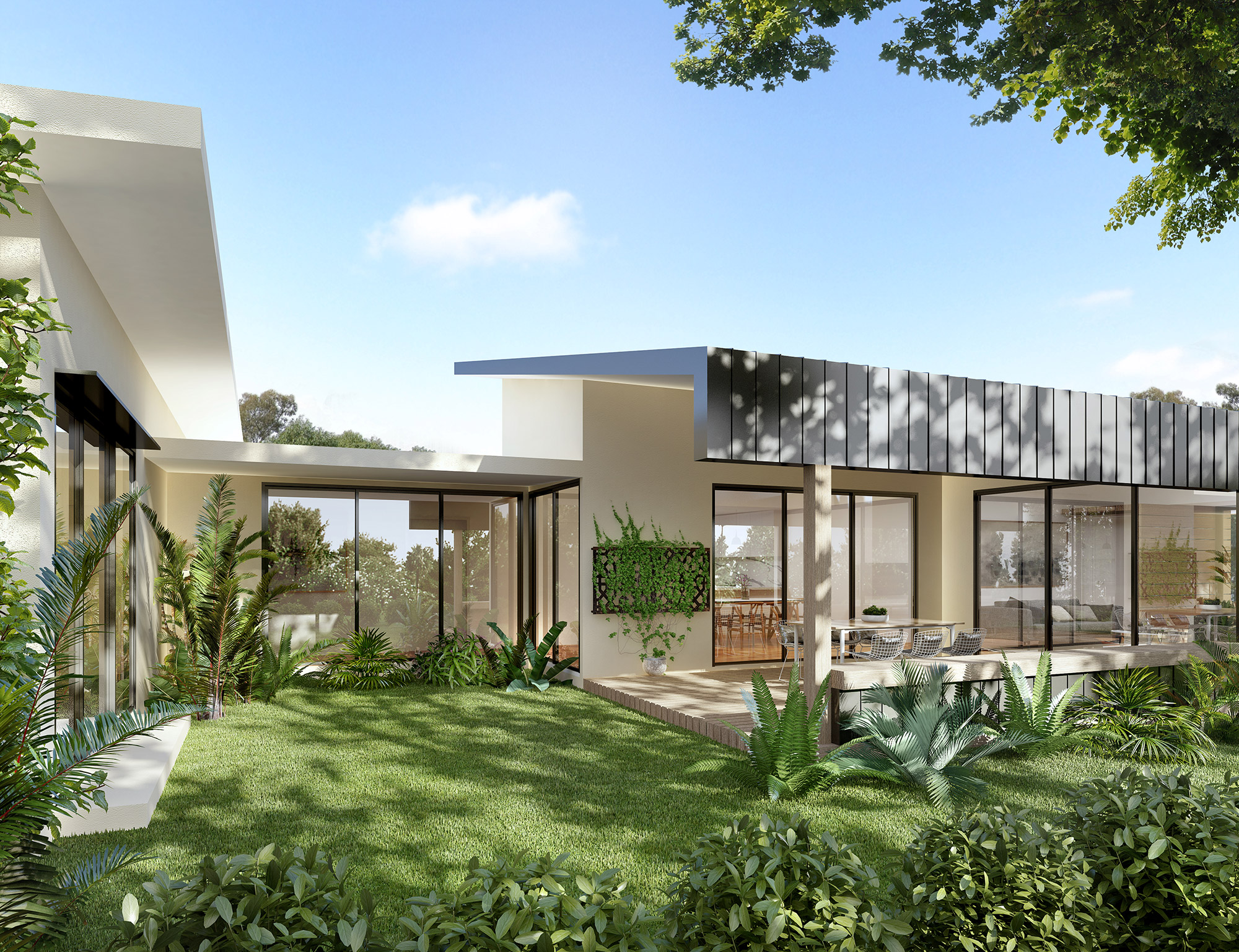 3D render of contemporary home exterior with large glazing, landscaped garden and indoor outdoor living spaces