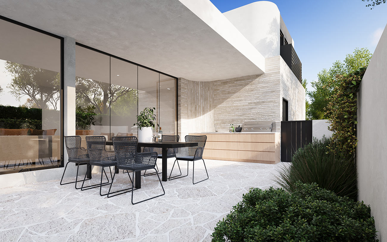 3D render of modern balcony with ocean views, outdoor seating and coastal apartment design