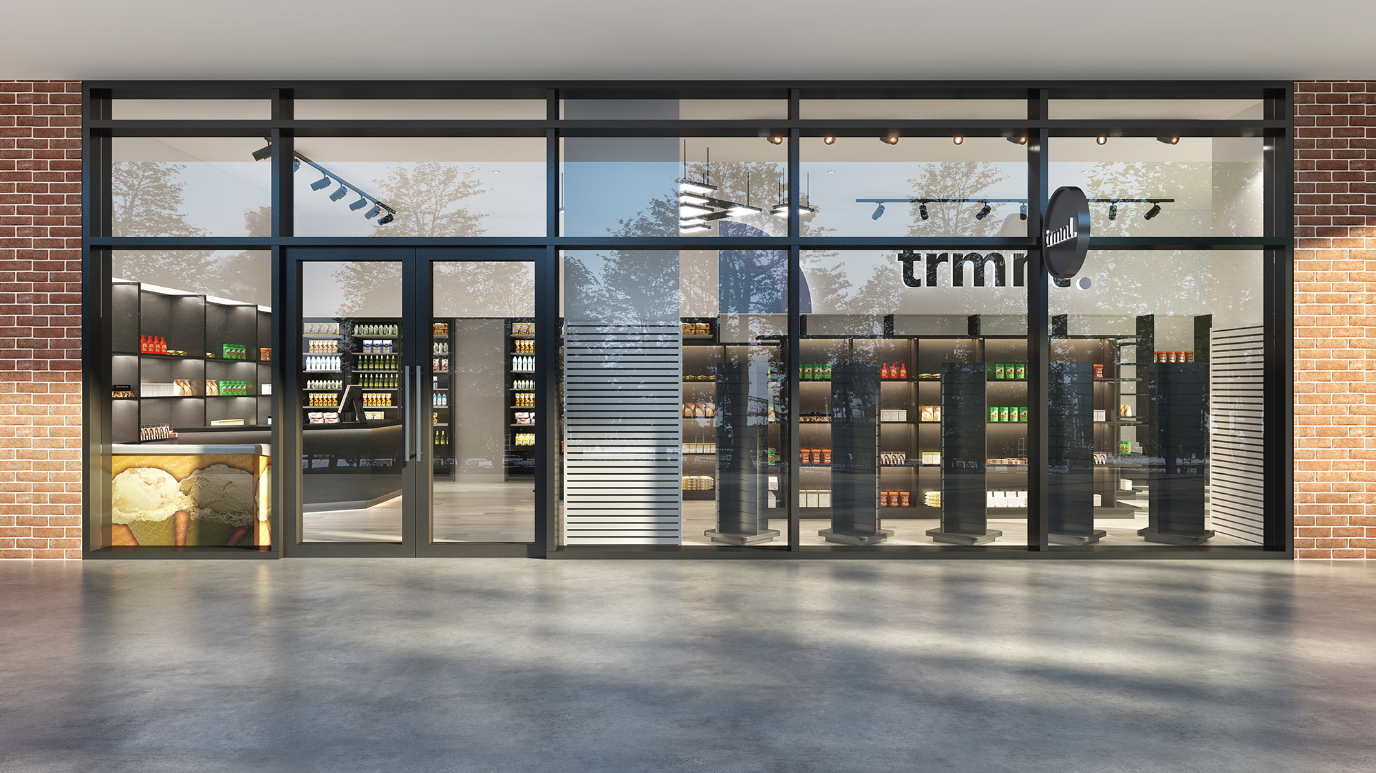 Convenience store shopfront 3D render with glazed frontage, branded signage, illuminated shelving and modern retail entrance