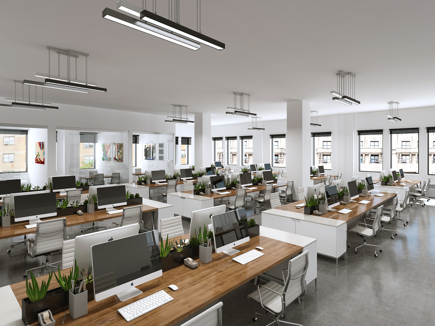 Corporate office interior 3D render with large open workspace, desk clusters and modern commercial fitout