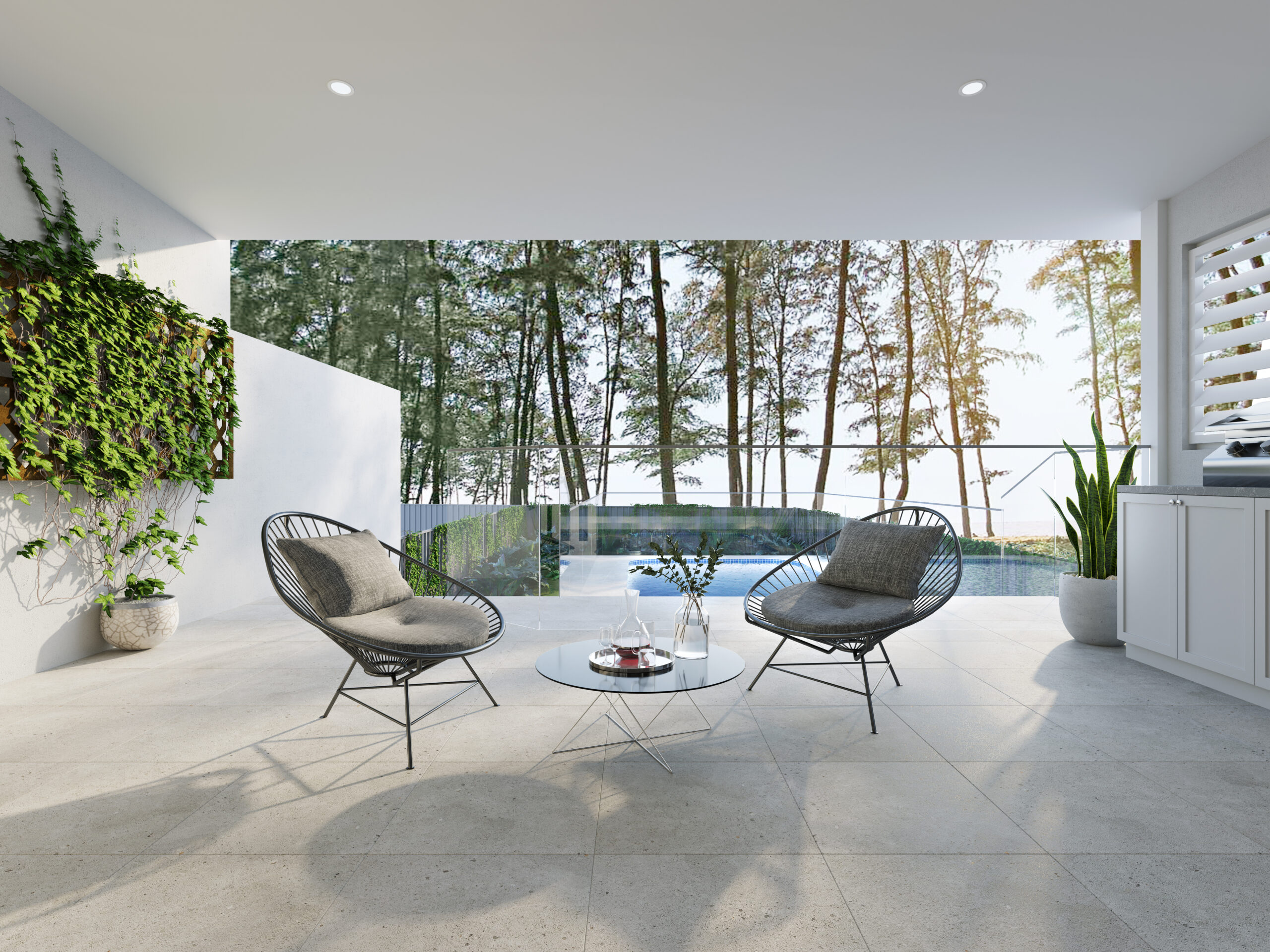 3D render of covered outdoor lounge with seating, pool, waterfront views and modern outdoor kitchen