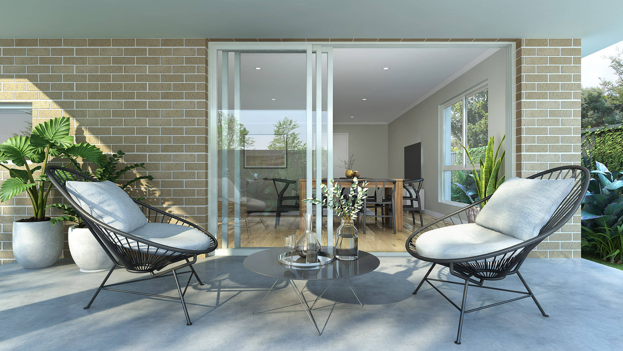 3D render showing covered patio seating area with lounge chairs, sliding glass doors and indoor dining space