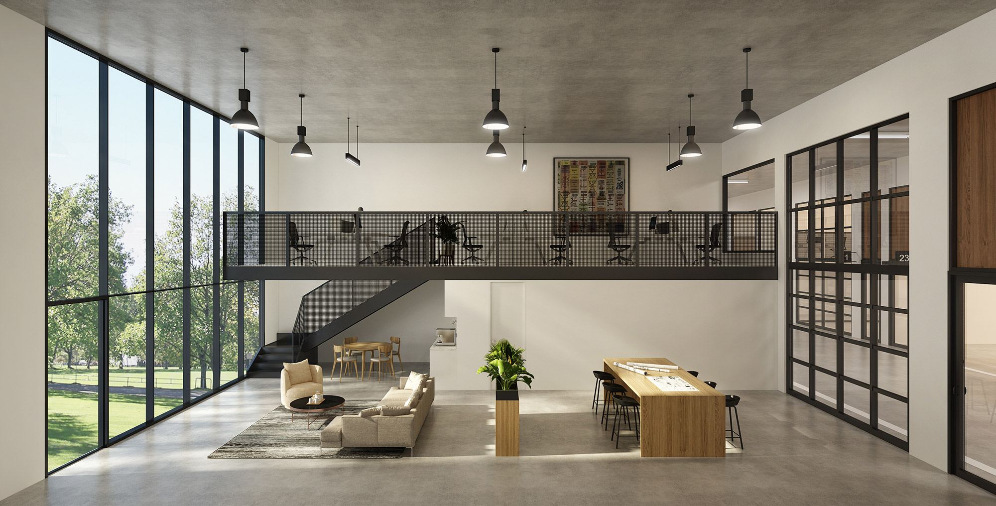 Office collaboration area 3D render with booth seating, privacy pods and modern workplace design