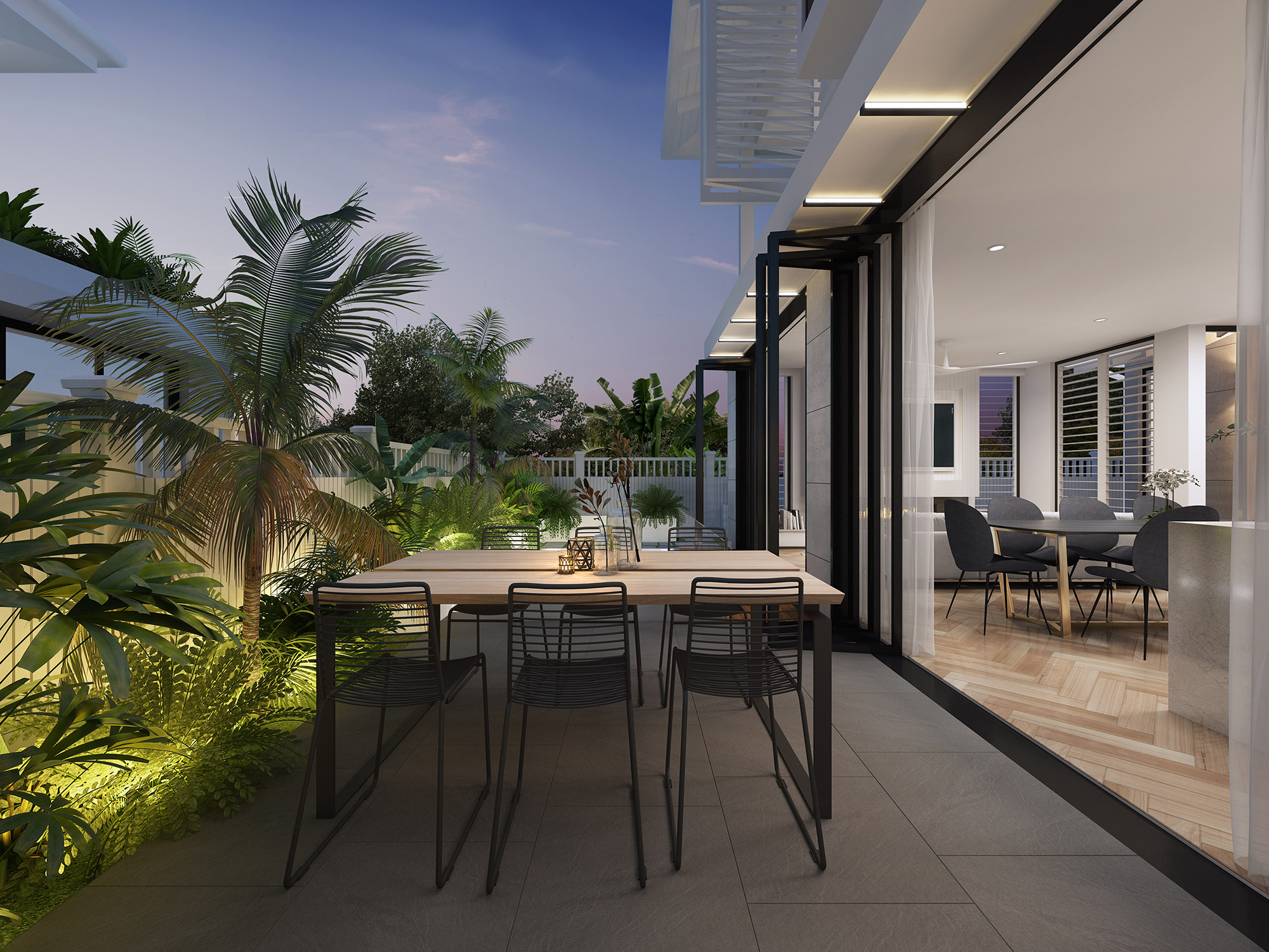 3D render of evening alfresco dining area with outdoor table, garden lighting and seamless indoor outdoor transition