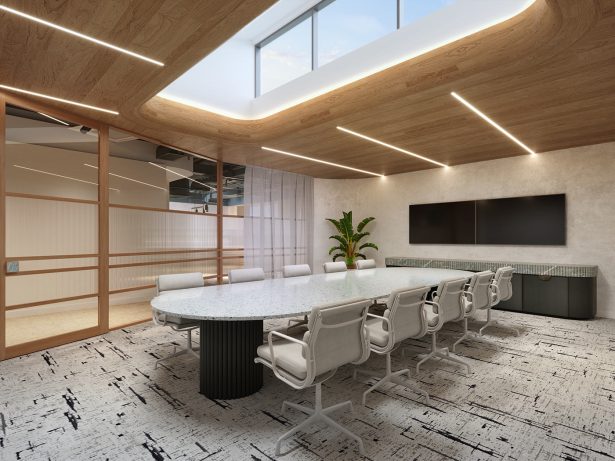 Executive boardroom 3D render with large meeting table, timber ceiling panels and integrated screen display