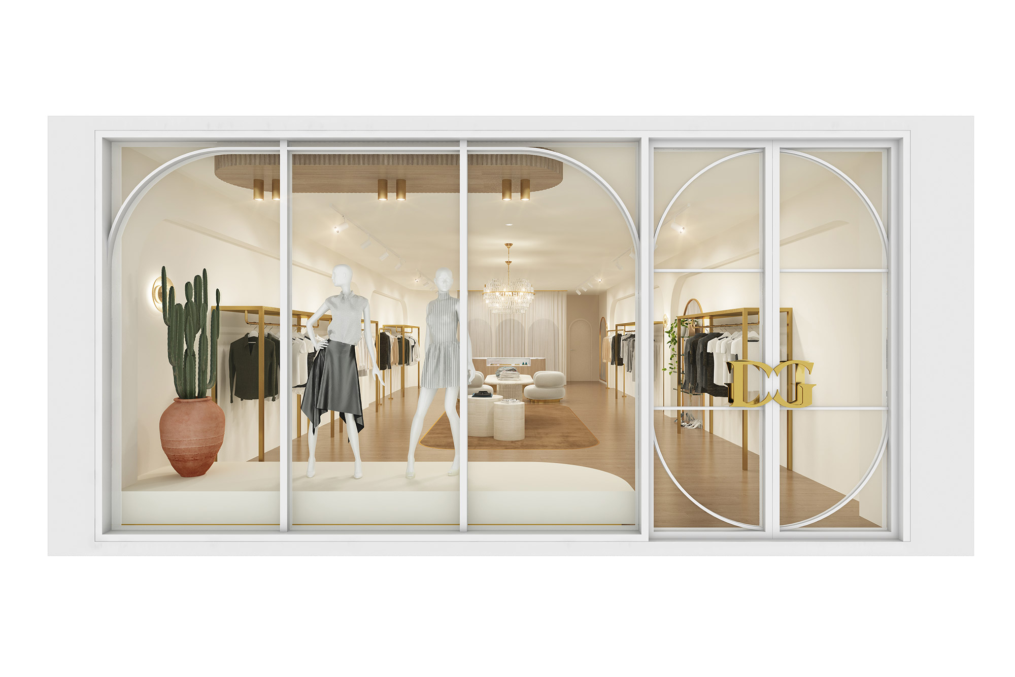 Fashion boutique shopfront 3D render with arched glazing, mannequins, luxury display window and elegant retail façade design