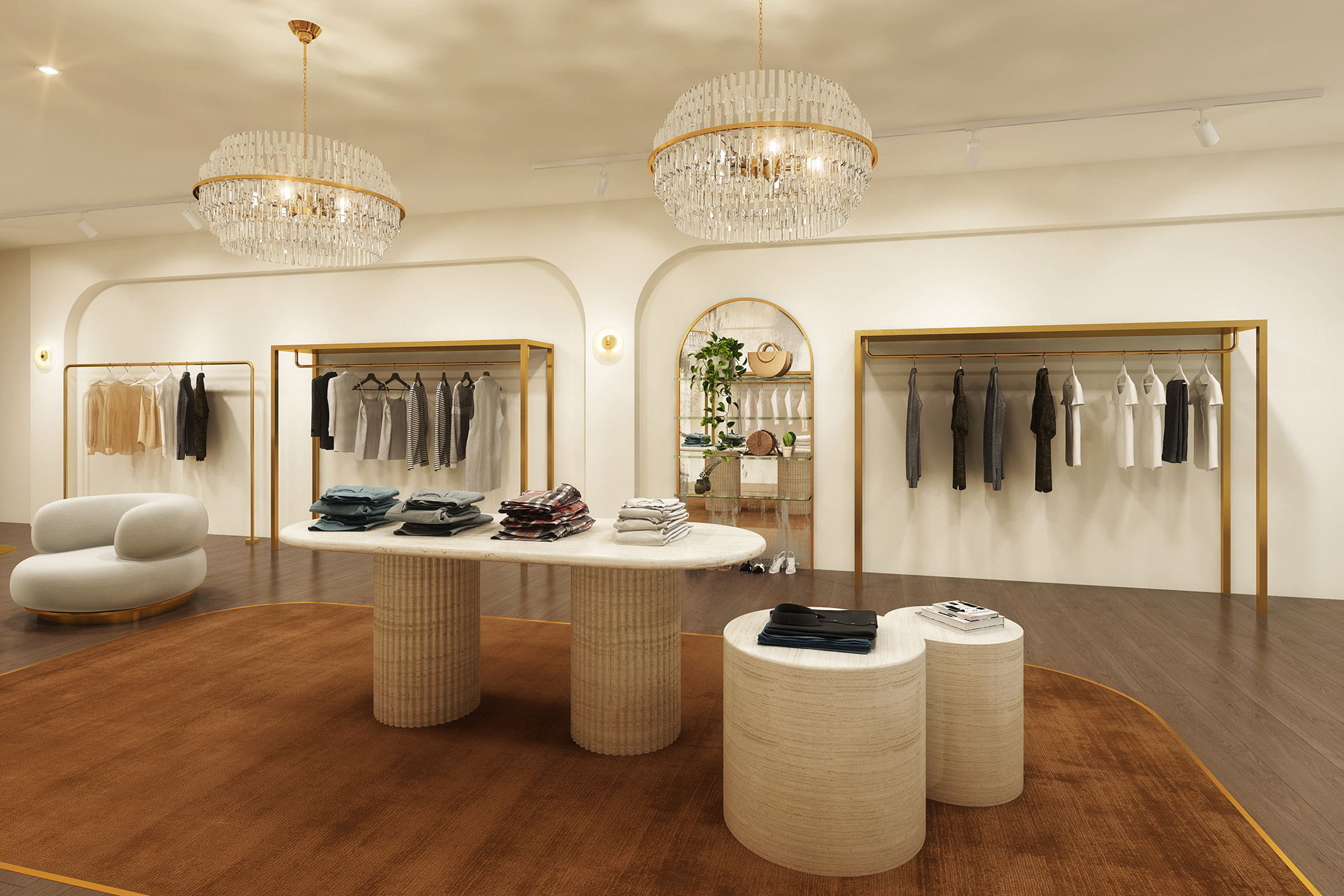 Fashion boutique shopfront 3D render with arched glazing, mannequins, luxury display window and elegant retail façade design