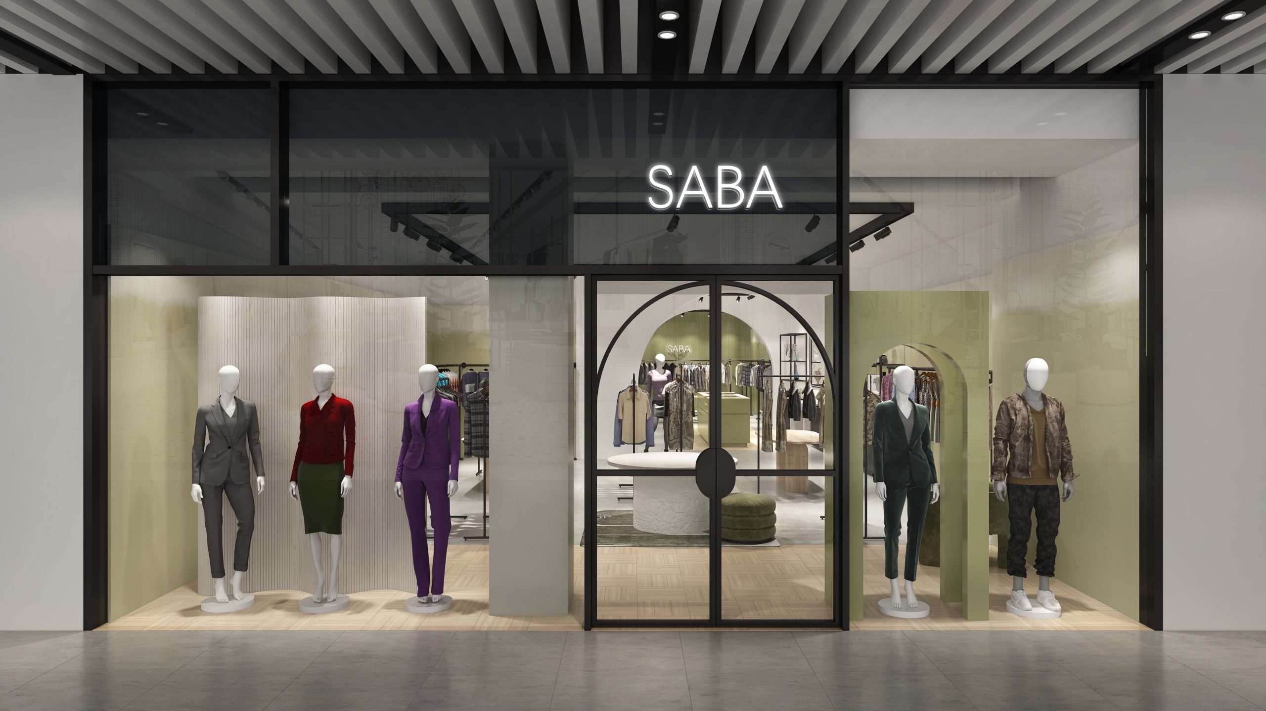Modern fashion boutique interior with clean displays, mannequins and minimal retail layout