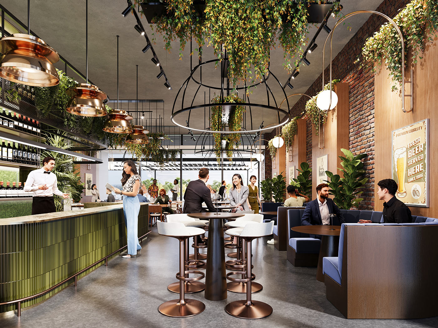 Food court style dining space with communal seating, food counters and contemporary lighting