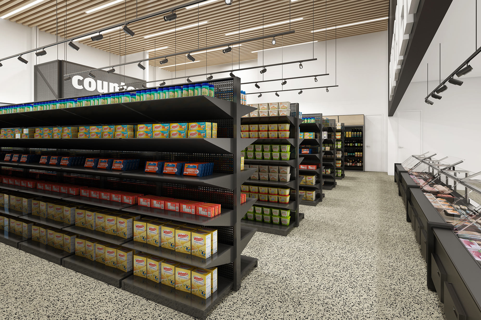 Supermarket fresh food and refrigeration display 3D render featuring chilled units, produce layout, and modern retail environment