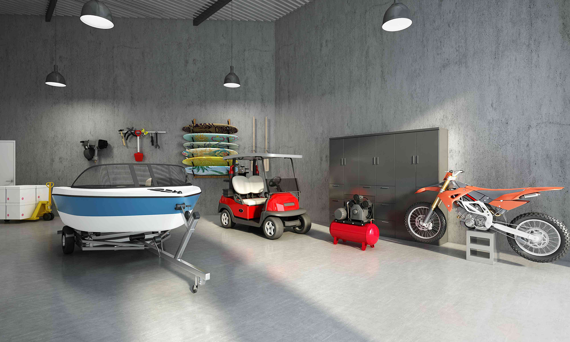 Spacious garage storage unit with boat, motorbike, surfboards and storage cabinets