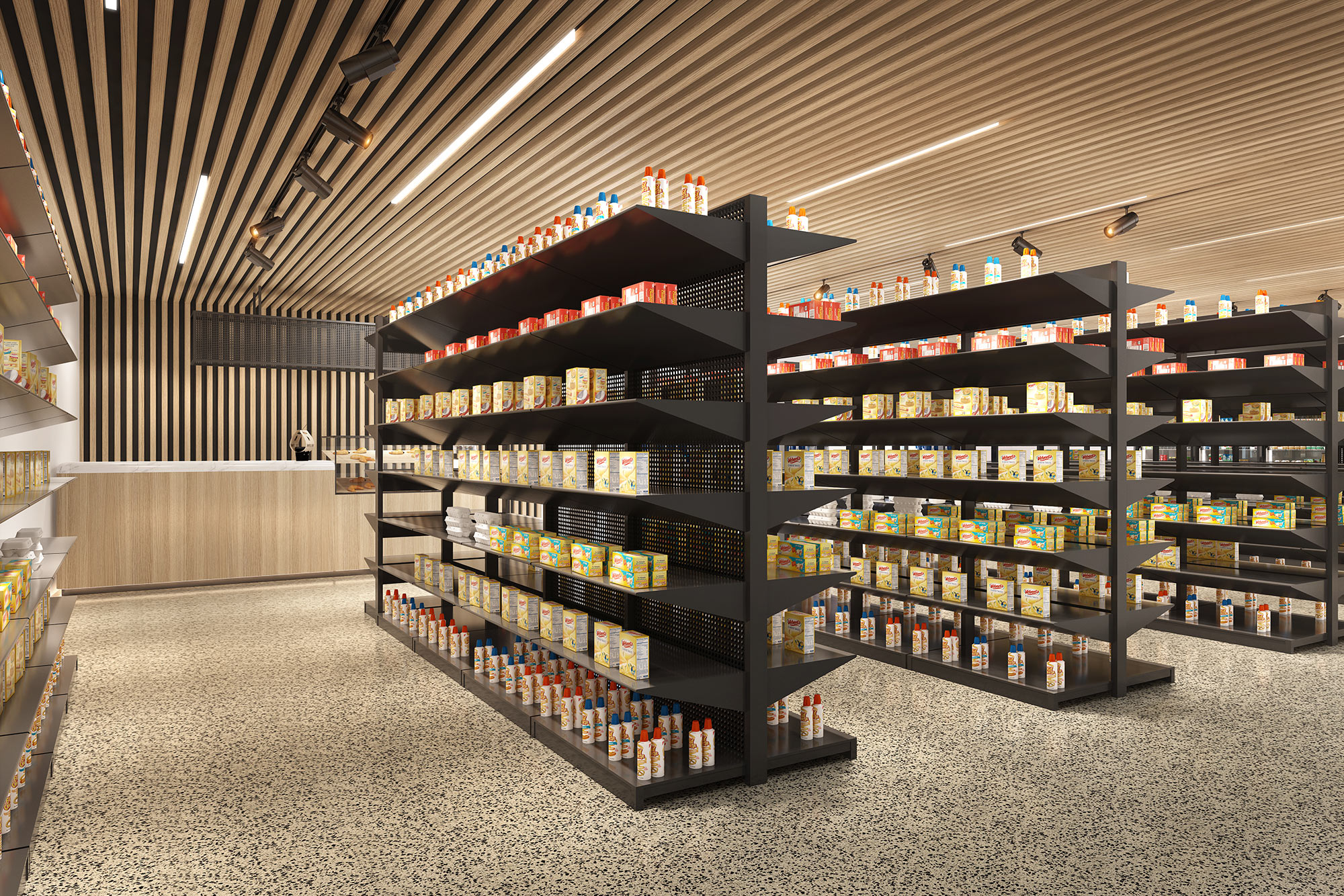 Grocery store aisle 3D visualization with shelving units, packaged goods, lighting, and organized retail display layout