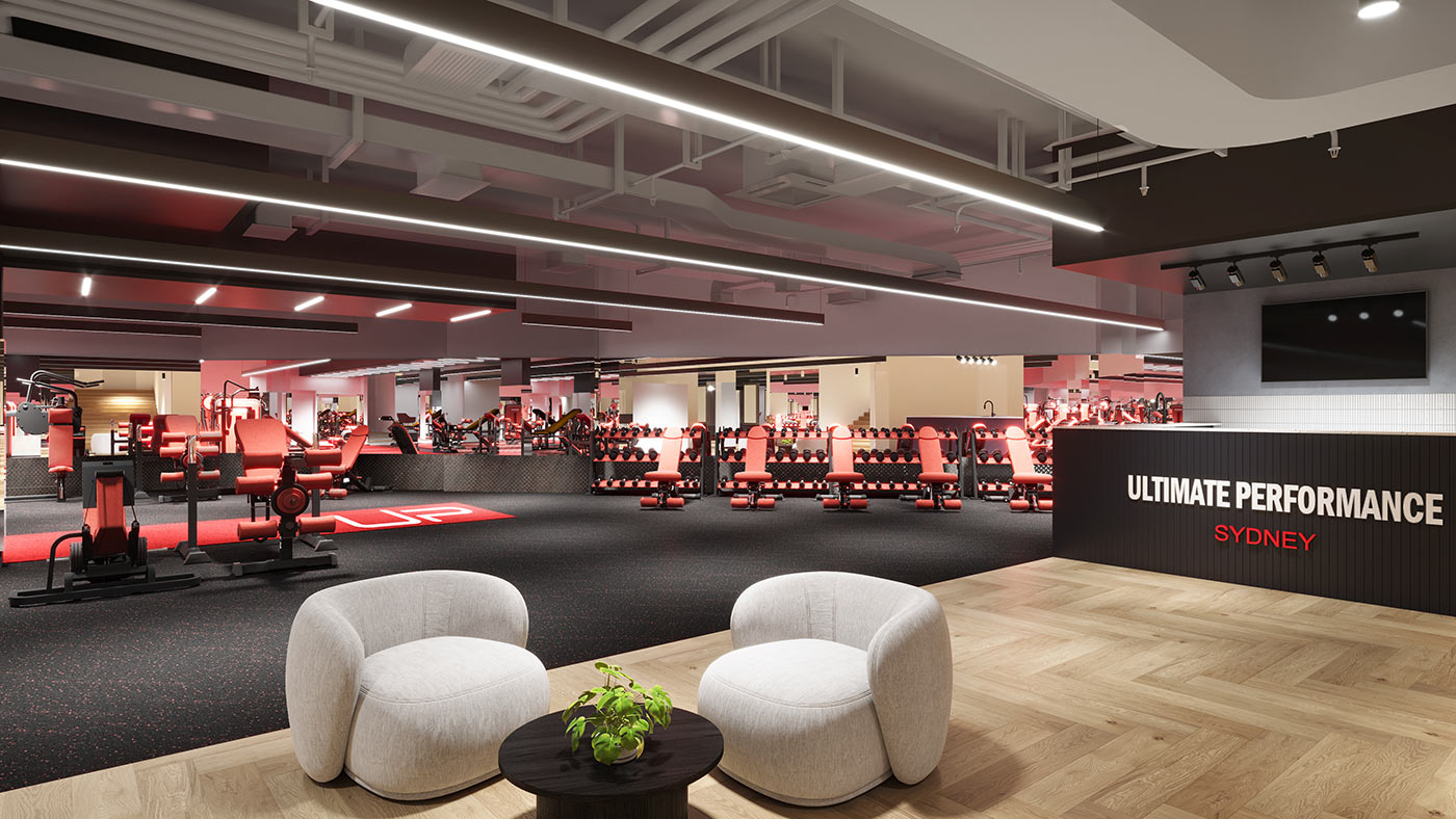 Modern gym interior with strength equipment, open training zones and reception area design