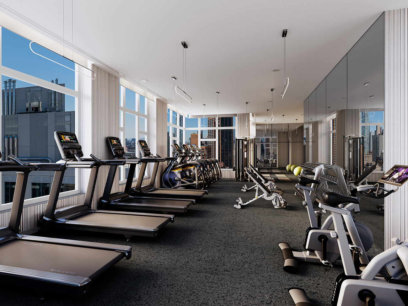 3D Rendering of a high-rise gym featuring treadmills, cardio equipment, and expansive city views through large windows