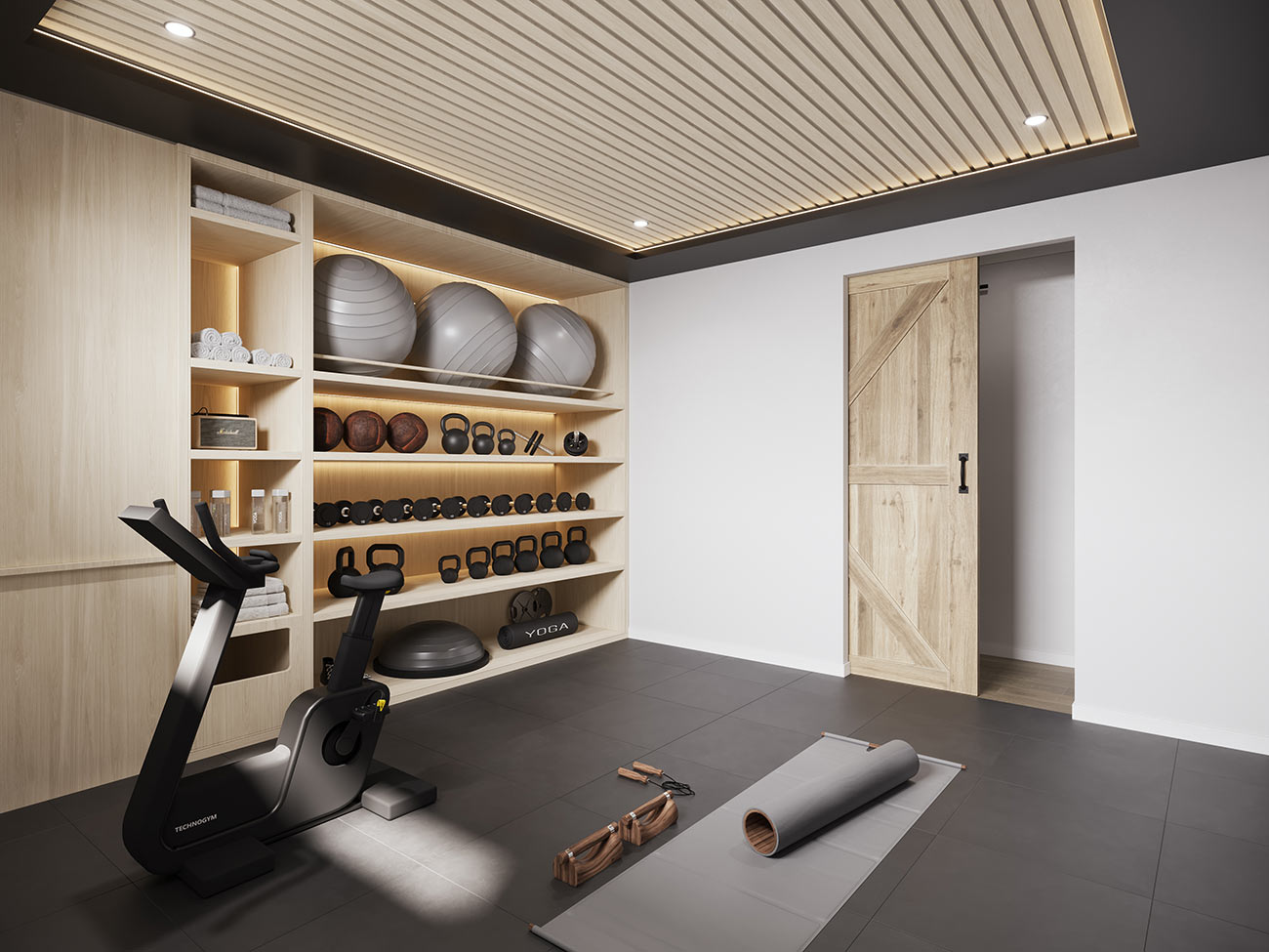 3D Rendering of a home gym with built-in storage, fitness equipment, and a clean contemporary interior layout