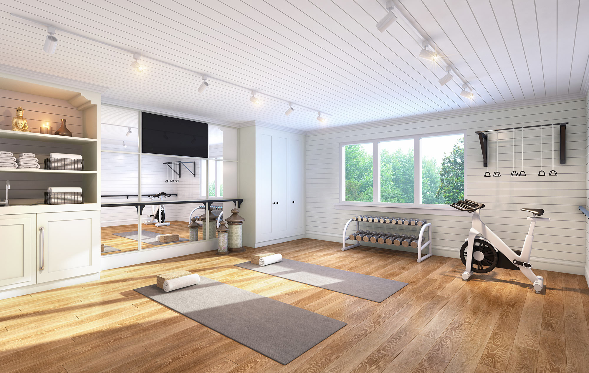 3D Rendering of a loft-style home gym with rustic timber finishes, mirrors, and personal workout equipment