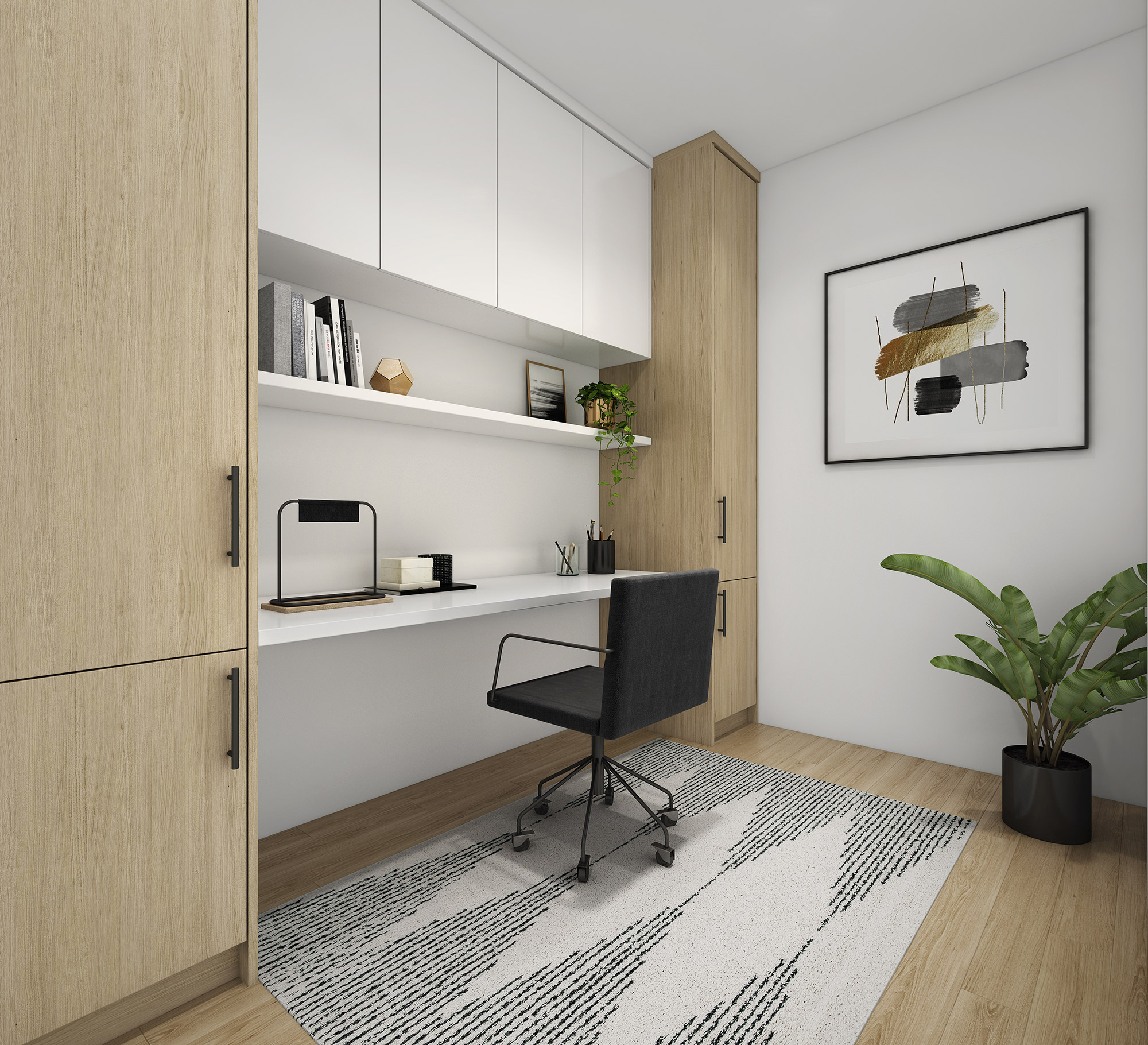 Modern home office with built-in desk, timber cabinetry, overhead storage and minimalist styling