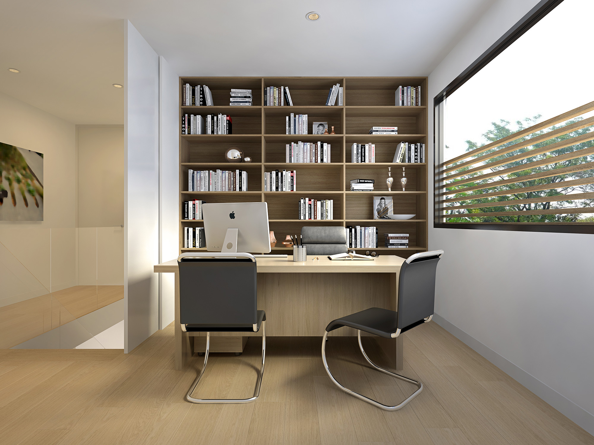 Residential home office 3D render with built-in bookshelf, desk setup and natural light from side window