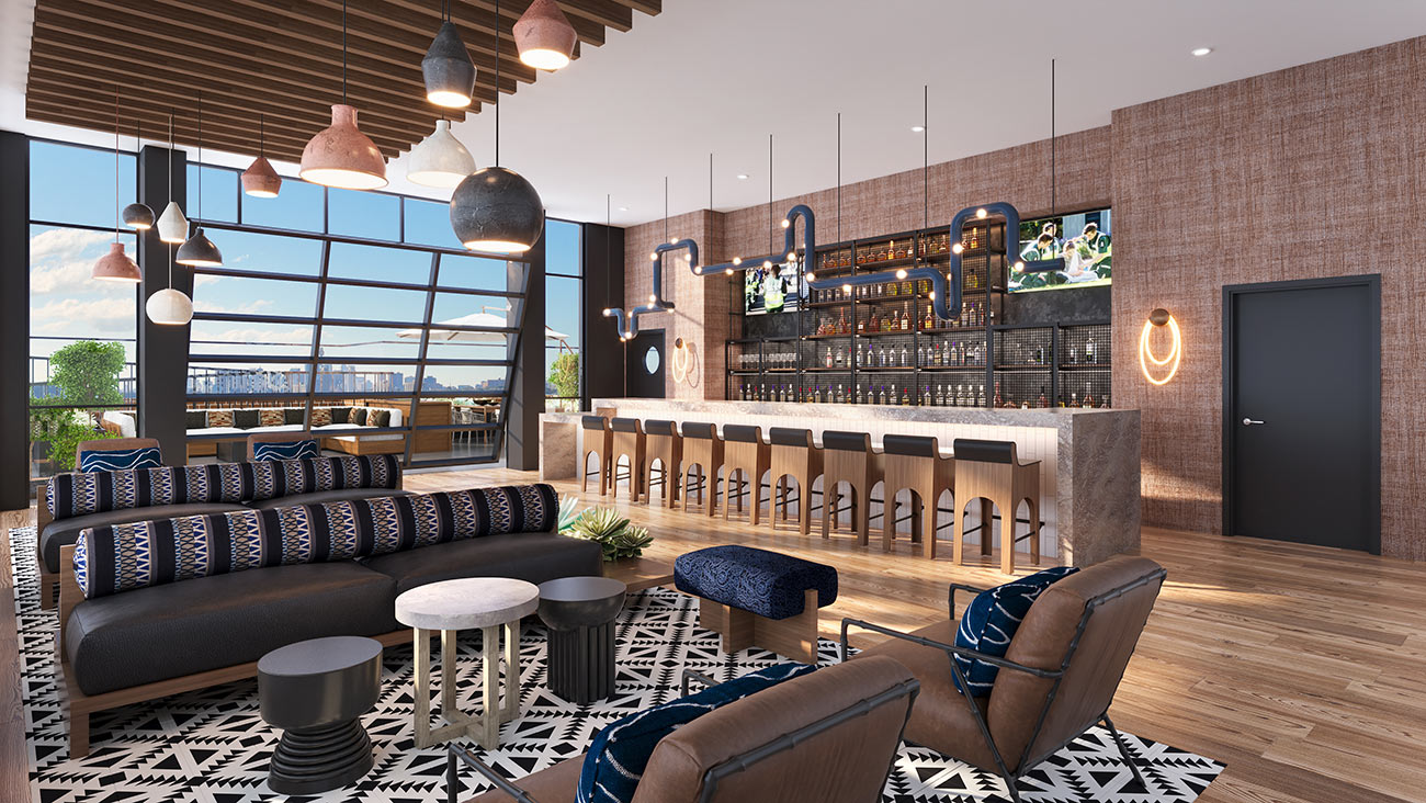Luxury hotel bar interior with feature lighting, bar seating and premium material finishes
