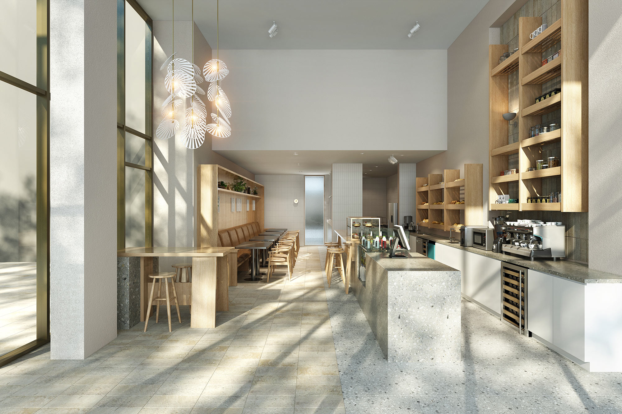 Hotel ground floor café and lounge 3D render with double-height windows, timber shelving, bar seating and hospitality interior design