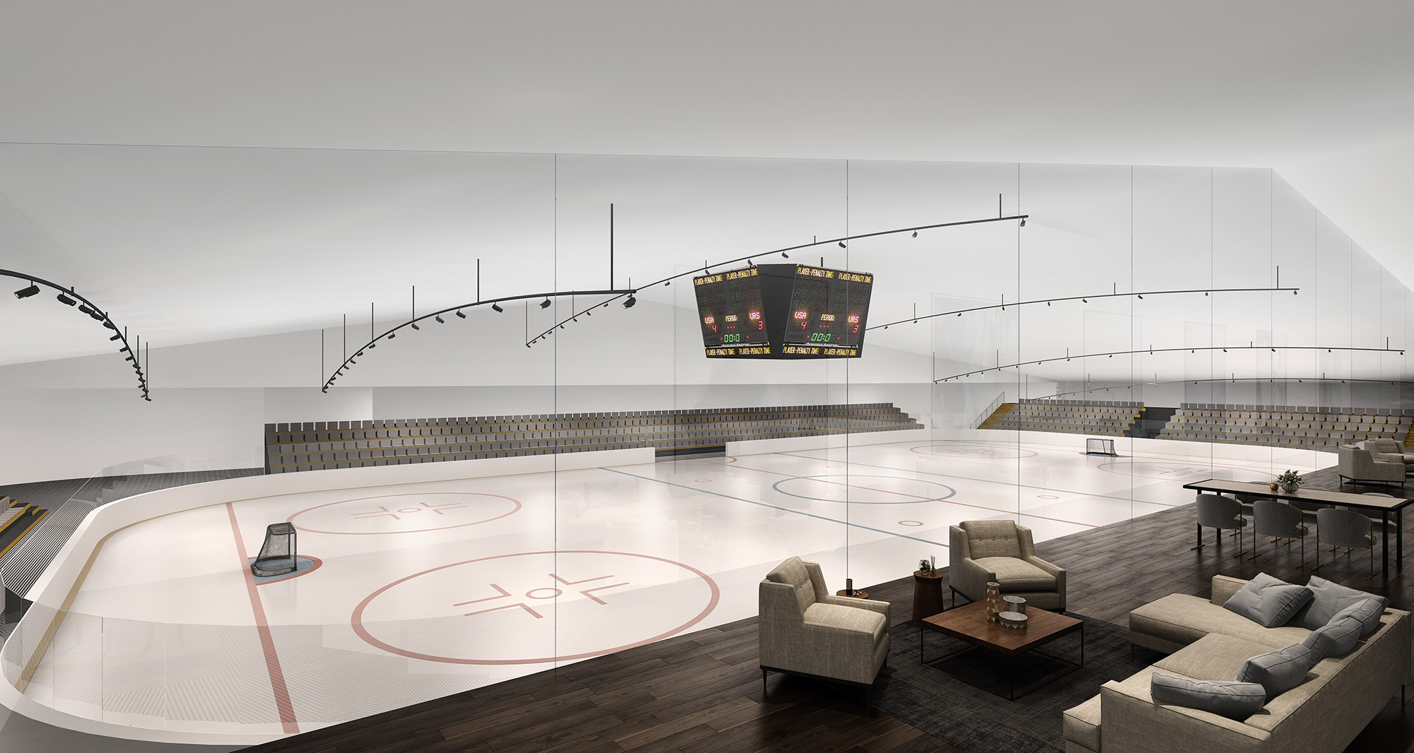 Indoor ice hockey arena with luxury seating and scoreboard, sports facility 3D rendering showcasing modern stadium design