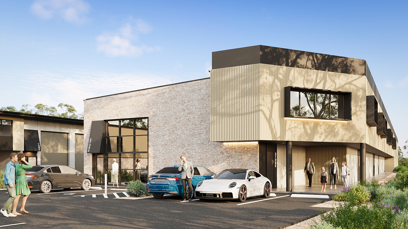 Corner perspective of modern industrial building with parking, glazing and architectural facade detailing