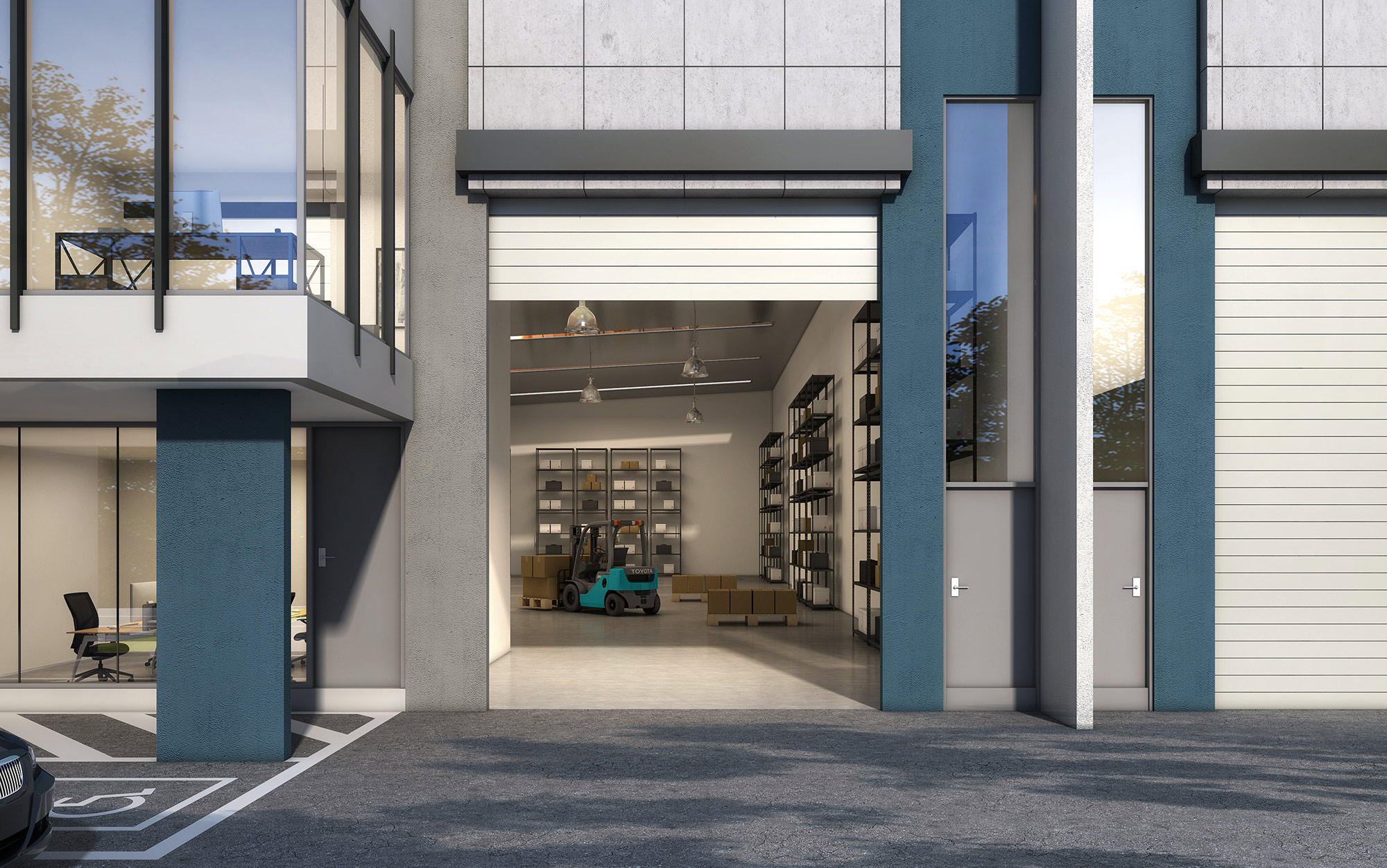3D render of an industrial development featuring multiple warehouse buildings and commercial site layout